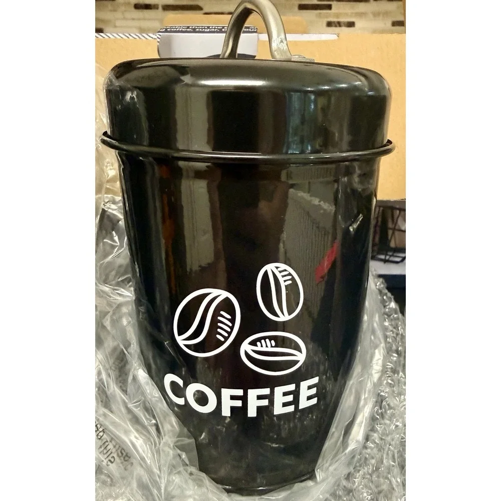 Vintage Inspired Black Metal Coffee, Tea & Sugar Canister Set 3pcs Lids Handles